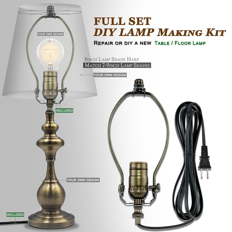 EMNOOTI Lamp Rewire Kit,Make a Lamp or Repair Kit,3-Way Lamp Socket with Matching Cord Lamp Harp Set,Lamp Wiring Kit for Table Floor Lamp,Essential Hardware for DIY Lamp Design or Repair (Antique Brass, 1) - Image 4